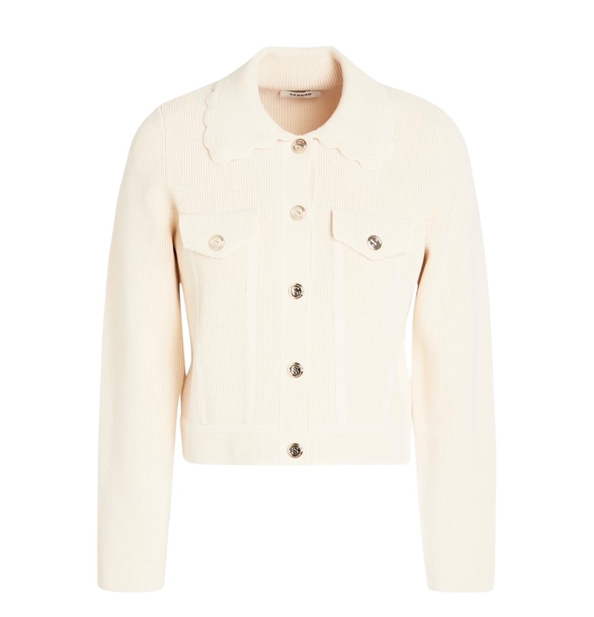 Sandro Paco Cream Waffle Knit Collared Button Front Cardigan Sweater Jacket